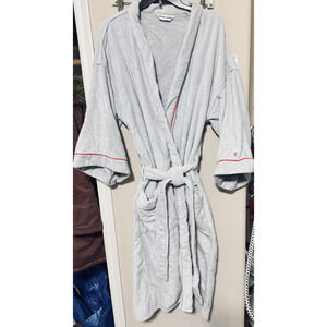 Pierre Cardin Mens Bath Robe Belted Vintage light grey red trim terry cloth L/XL